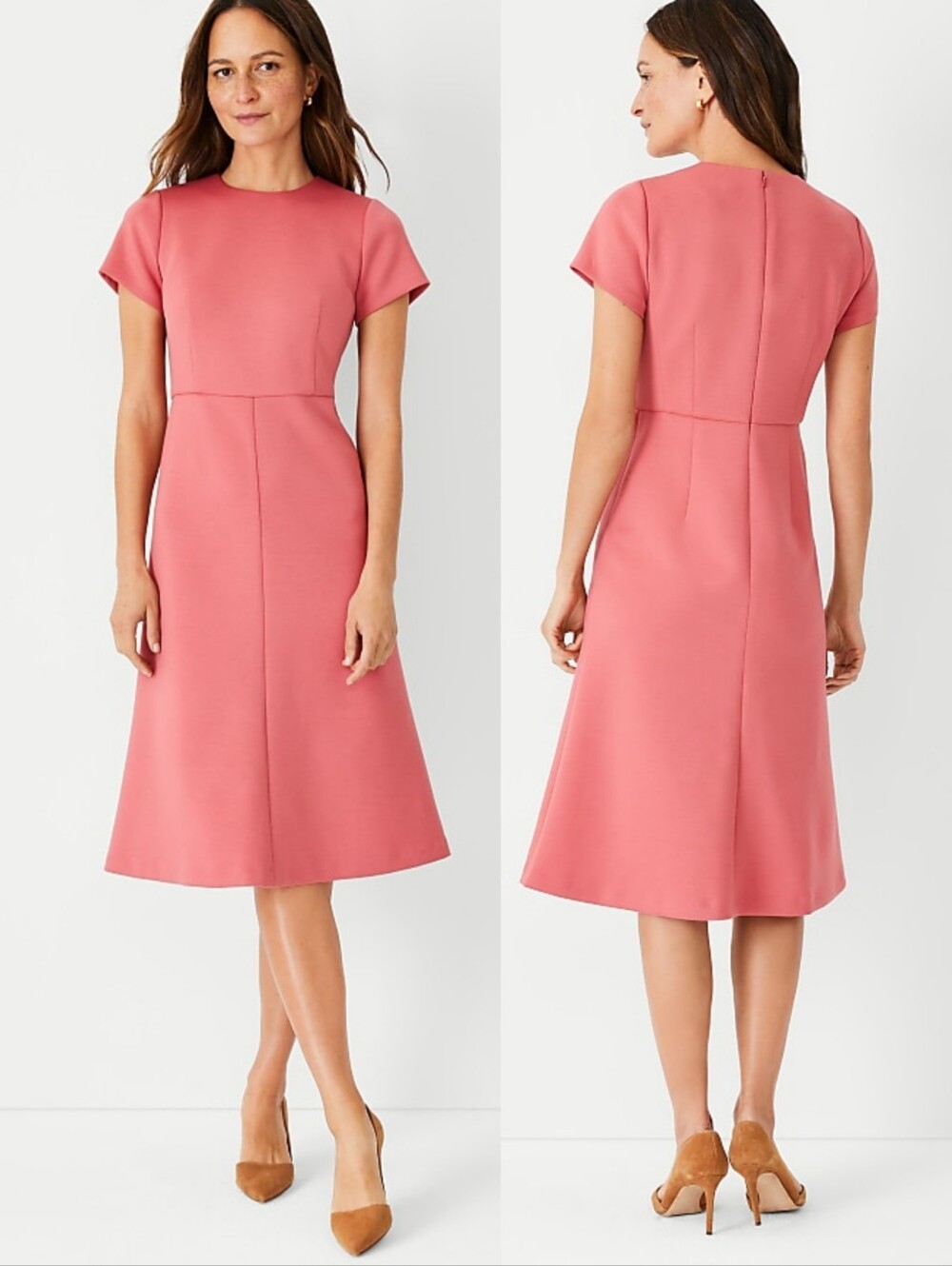 Ann Taylor The Midi Flare Dress in Double Knit Coral Size 10T Tall Coral Pink
